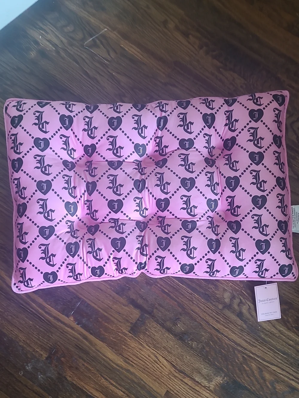 Juicy Couture Pink Velour Pet Bed with Monogram JC Logo and Heart Pattern